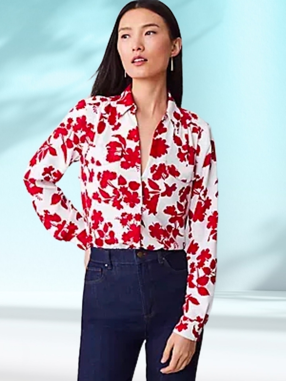 Ann Taylor Tropical Silky Camp Shirt Floral Red White Women's Blouse